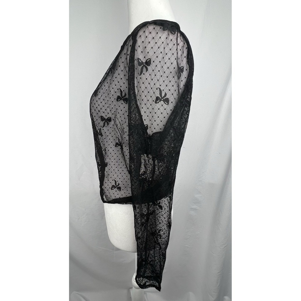 Bodyrage Black Sheer Mesh Bow Polka Dot Long Sleeve Top L/XL Goth Coquette Y2K - Picture 4 of 12